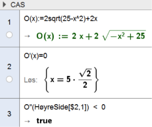 Skjermdump fra CAS-utregningen. Skriv inn funksjonsuttrykket for O(x), deretter setter du den deriverte lik 0 og løser for x. 